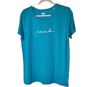 PINK Victoria's Secret Campus T Shirt Women Teal Green Script Logo Short Sleeve